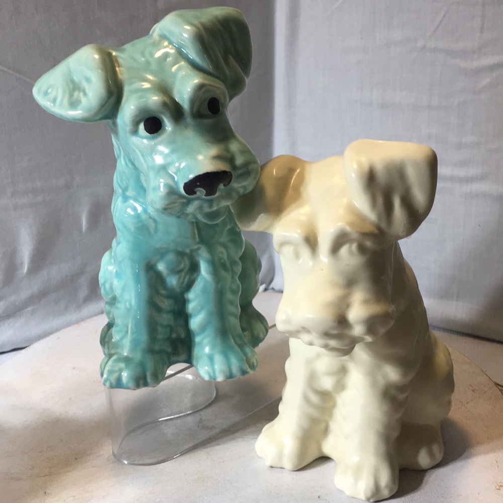 Vintage ceramic terrier dogs aqua & cream Sylvac/1950s, Shawnee 1950s.